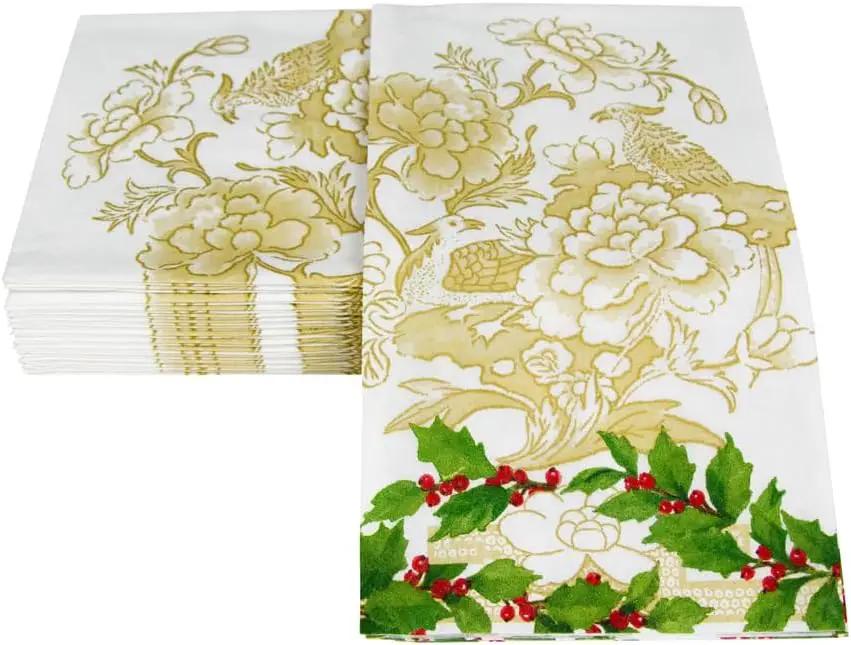 Holly Ivory and Gold Holiday Guest Towels elegant decorative napkins with holly border on Tampa Home & Garden Store