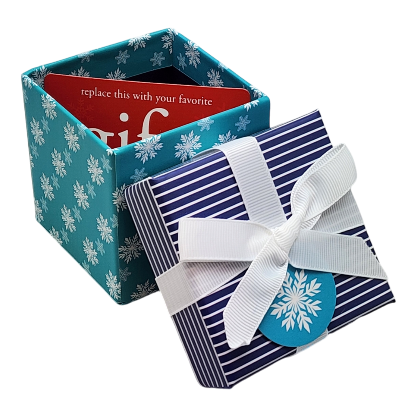 Snowflake Gift Box Cube for Gift Cards turquoise box with navy striped box set of 2 on Tampa Home & Garden Store