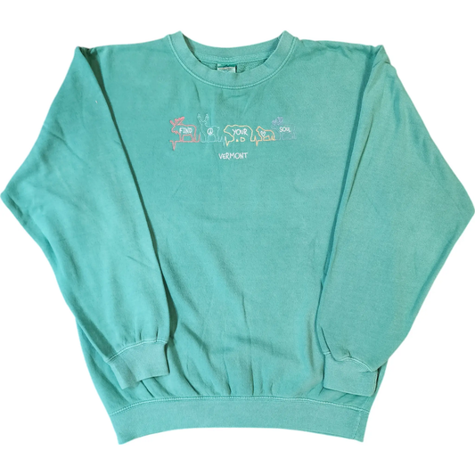 Find Your Soul Vermont Sweatshirt teal with embroidered animal outlines and Vermont text on Tampa Home & Garden Store