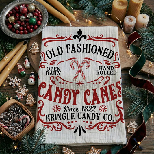 Sleigh and Candy Canes kitchen towel white with red vintage typography Gia Roma brand on Tampa Home & Garden Store