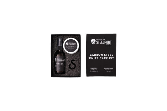 Carbon Steel Knife Care Kit by STEELPORT Knife Co. blade oil and handle wax in black box on Tampa Home & Garden Store