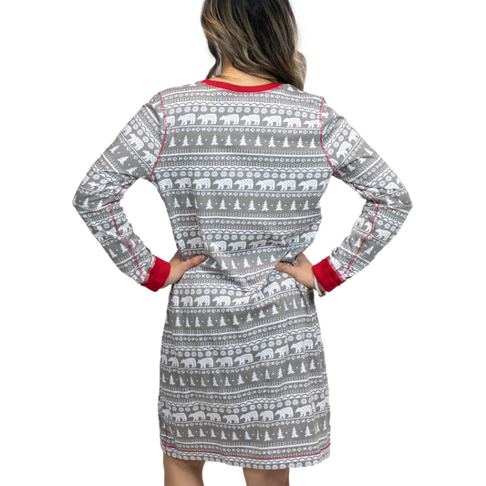 Nordic Bear Nightshirt cotton knit, grey with white bears and trees, red cuffs, back view on Tampa Home & Garden Store