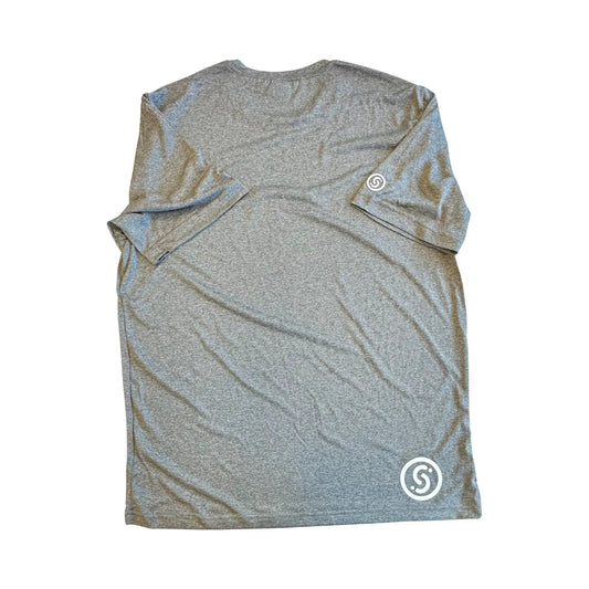 Slyce Gray Tee long-sleeve tee in heather gray with white circular logo at hem by Slyce Sport on Tampa Home & Garden Store