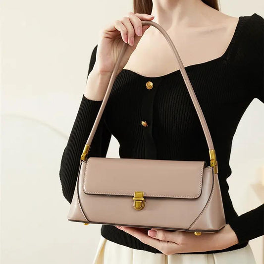 Small French leather baguette bag in blush pink with gold hardware, shoulder bag on Tampa Home & Garden Store