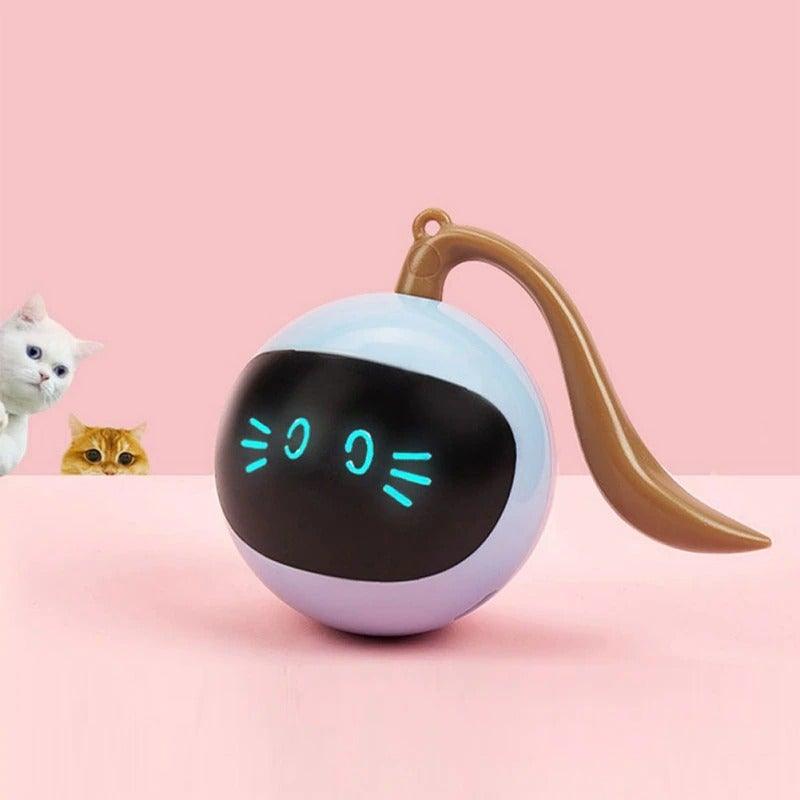Stevvex Smart Cat Toy Ball USB rechargeable chaser with blue LED face white body and brown tail on Tampa Home & Garden Store