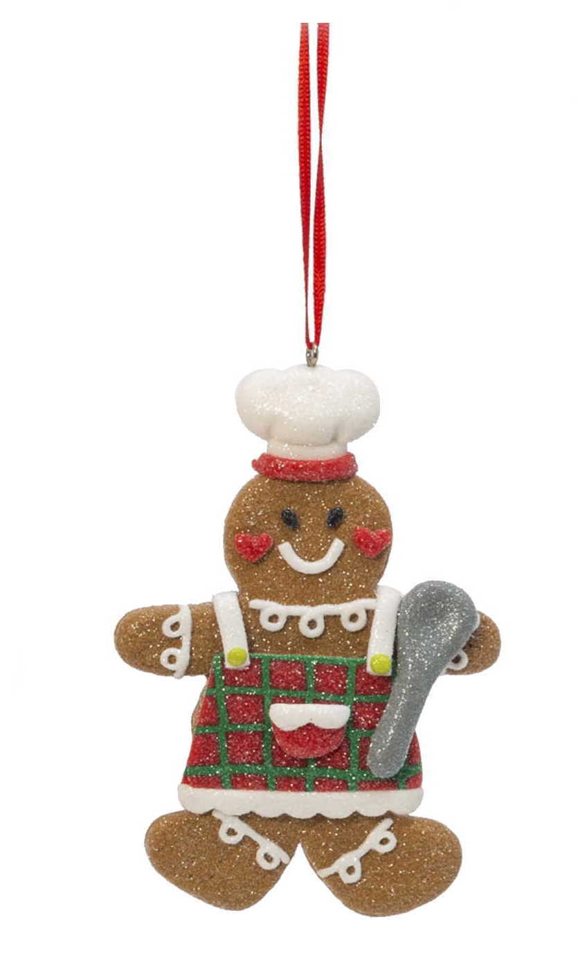 Clay dough gingerbread ornament with spoon, brown figure in white chef hat and red apron on Tampa Home & Garden Store