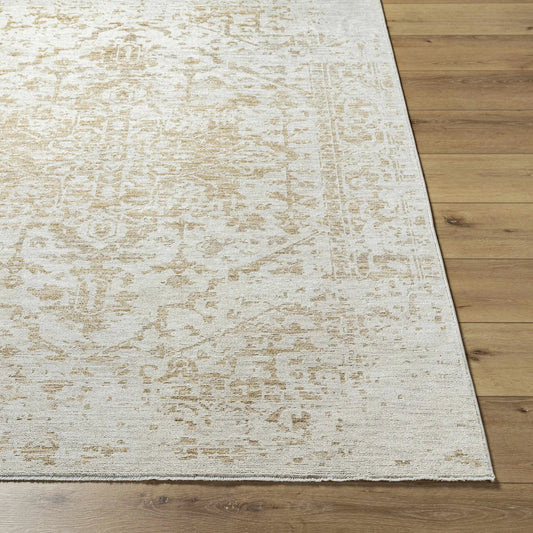 Sunee Luxe Rug in cream ivory tan and light gray with subtle distressed motif on Tampa Home & Garden Store
