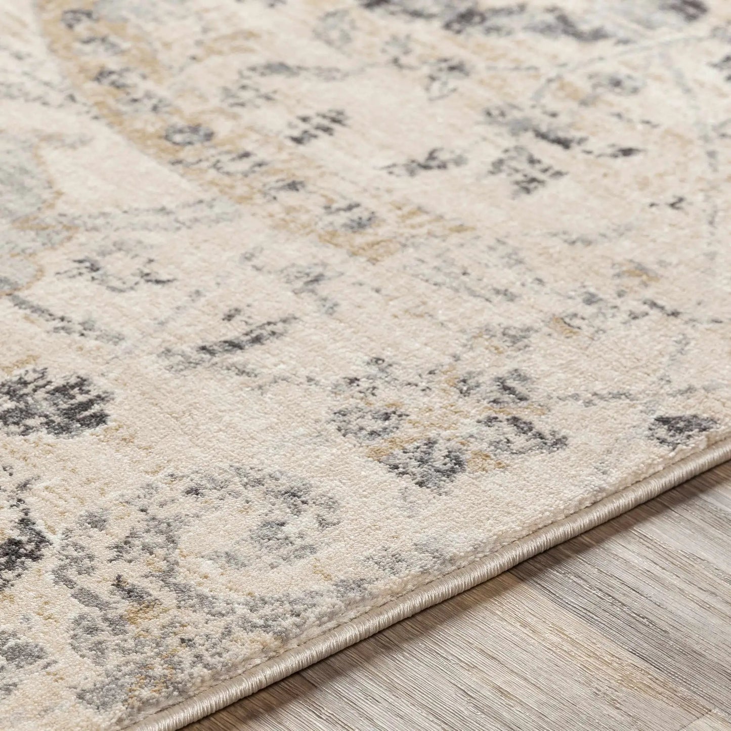 Georgiana Beige Area Rug Turkish Style by Boutique Rugs, beige with gray and tan abstract pattern, rolled edge on Tampa Home & Garden Store