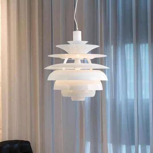 Snowball Chandelier minimalist white layered LED pendant with stacked disc shades by Decorbites on Tampa Home & Garden Store