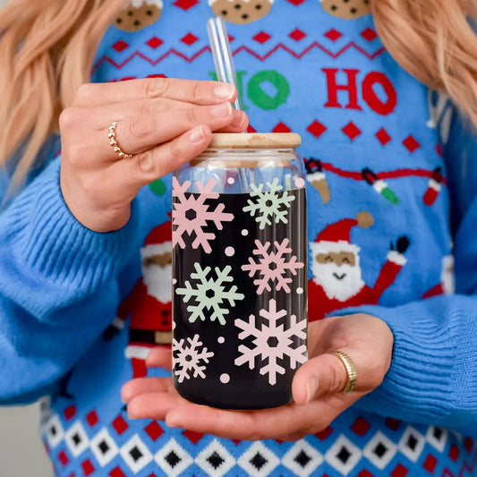 Pastel Snowflake Glass Cup with wooden lid and metal straw by Gia Roma tumbler on Tampa Home & Garden Store