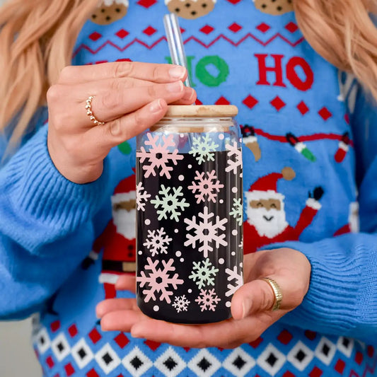 Pastel Snowflake Glass Tumbler 17oz by Gia Roma with wooden lid, metal straw on Tampa Home & Garden Store