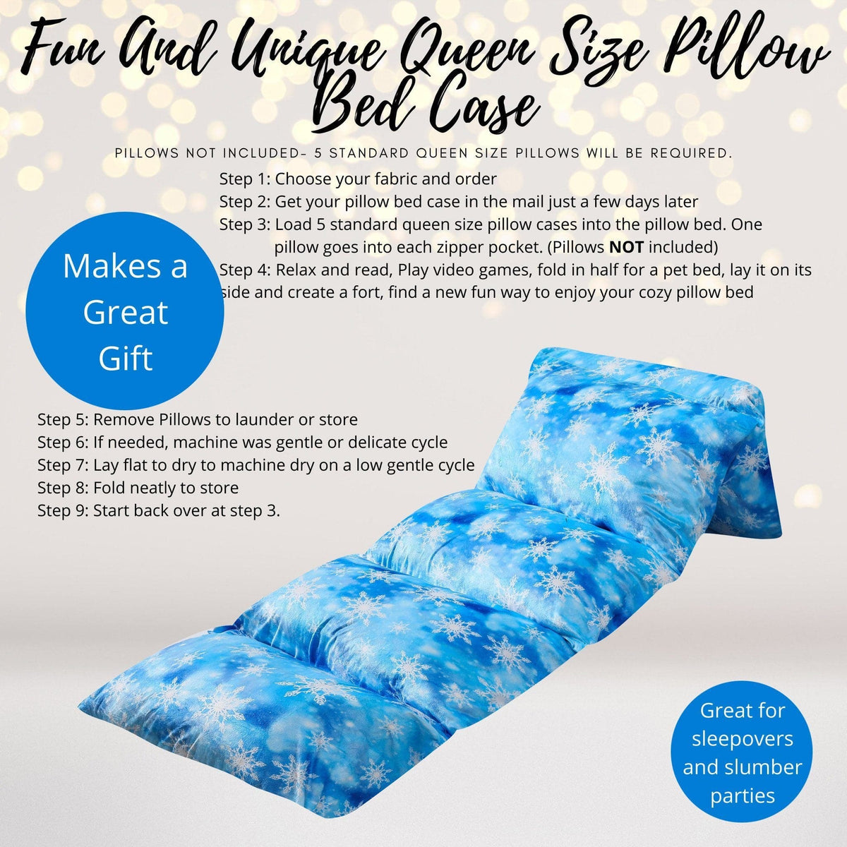 Turquoise snowflake pillow slipcover for kids winter floor lounger, blue with white snowflakes on Tampa Home & Garden Store