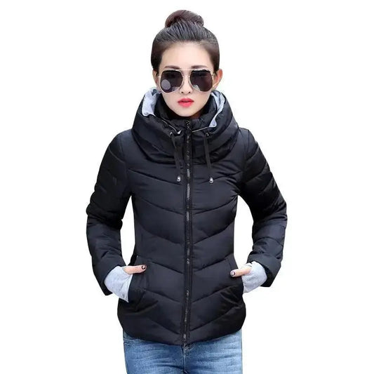 Stevvex women's black hooded puffer jacket with zip front, quilted padding, side pockets on Tampa Home & Garden Store