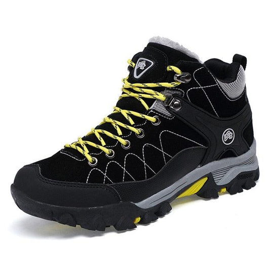 Stevvex black winter boots for men with fur lining, yellow laces, rugged non-slip outsole on Tampa Home & Garden Store
