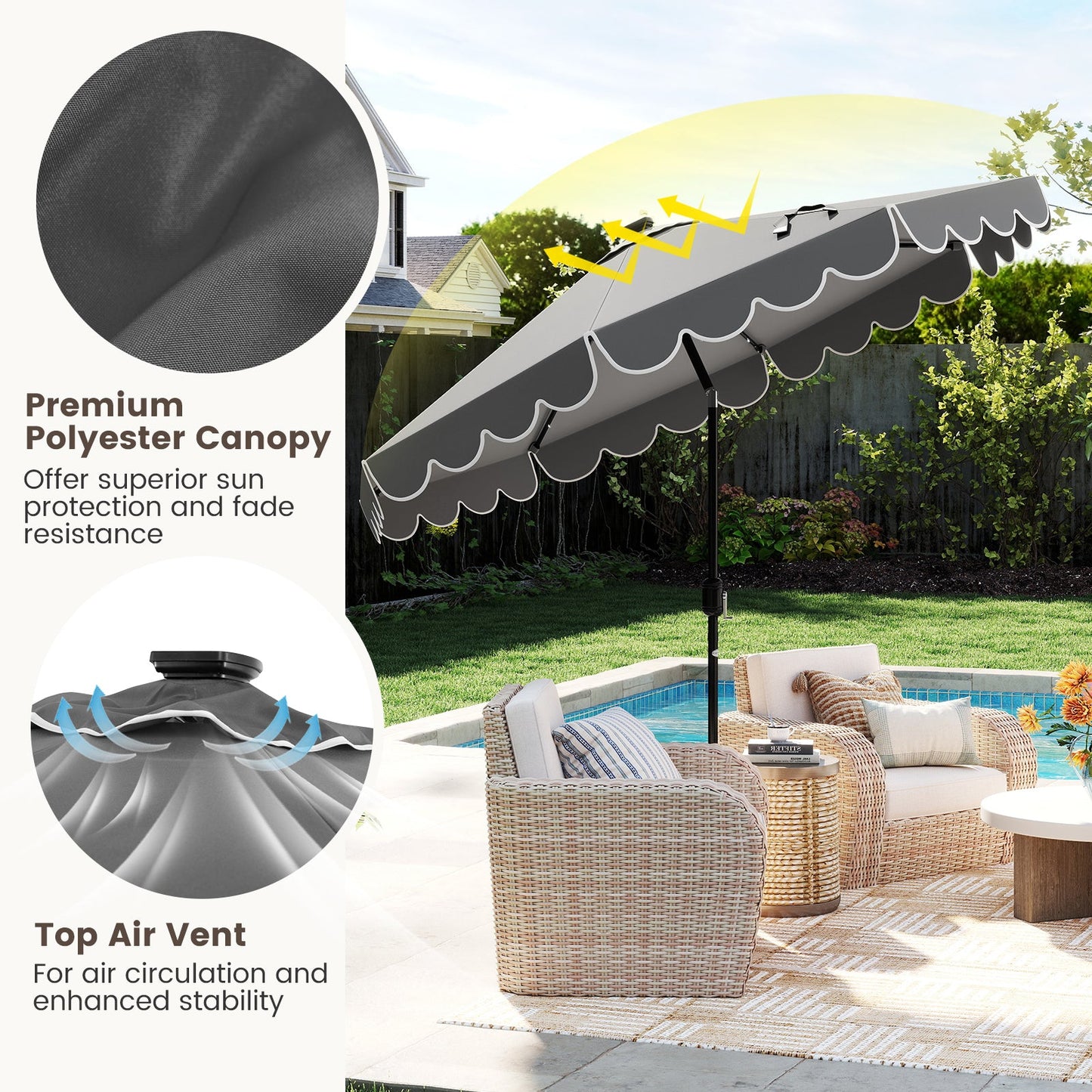 9.3 FT Solar Patio Umbrella with 24 LED Lights Vented Top and Ruffles-Gray