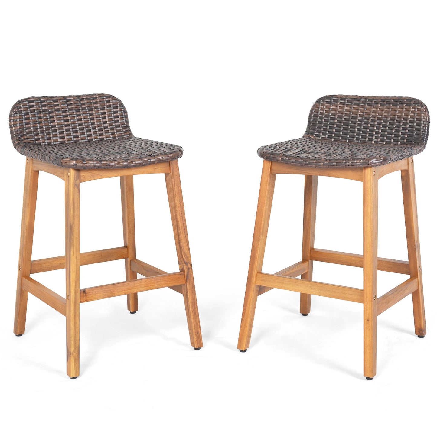 Taburetes de bar de madera maciza de acacia, juego de 2 con respaldo y reposapiés para porche, marrón