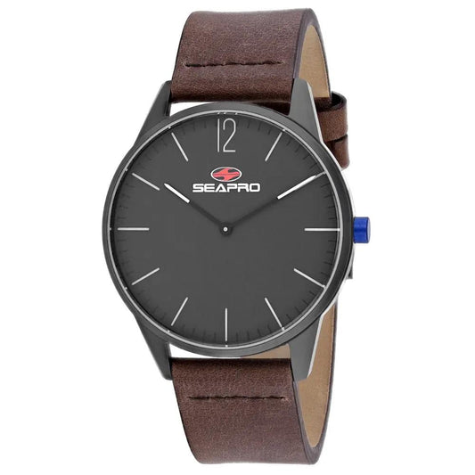 Seapro Black Hole men's watch with dark gray dial and brown leather strap on Tampa Home & Garden Store