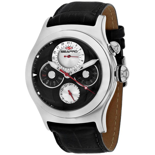 Seapro Chronoscope men's watch with black leather strap, silver case, chronograph subdials on Tampa Home & Garden Store