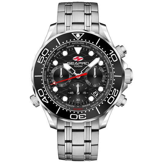Seapro Mondial Timer men's stainless steel watch with black bezel and chronograph subdials 100M on Tampa Home & Garden Store