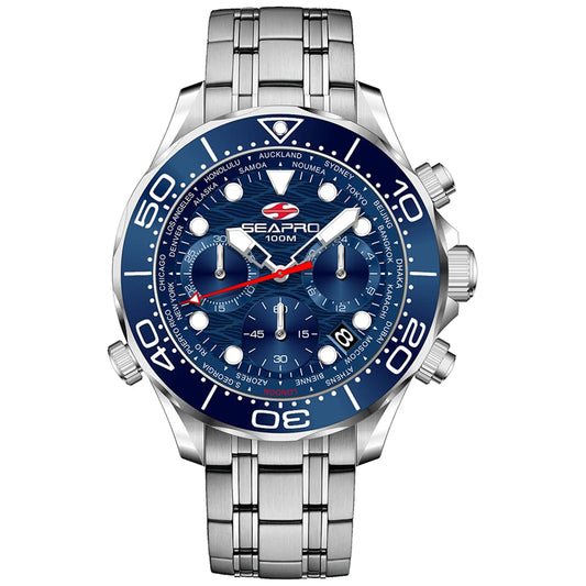 Seapro Mondial Timer men's quartz watch blue dial with stainless steel bracelet on Tampa Home & Garden Store