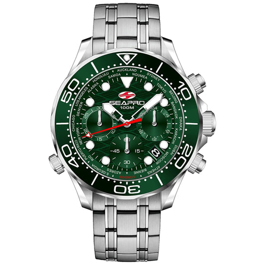 Seapro Mondial Timer men's stainless steel watch with green dial and bezel on Tampa Home & Garden Store
