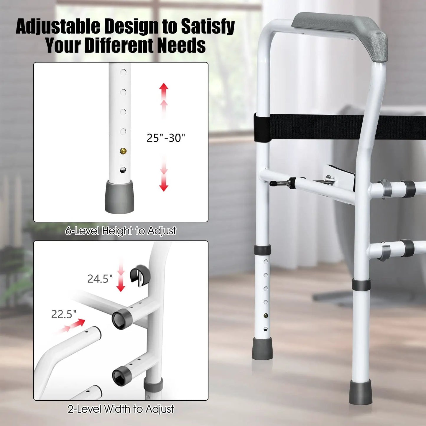 DirectDeals steel safety toilet rail with adjustable clamp, white frame, 25–30 in height on Tampa Home & Garden Store