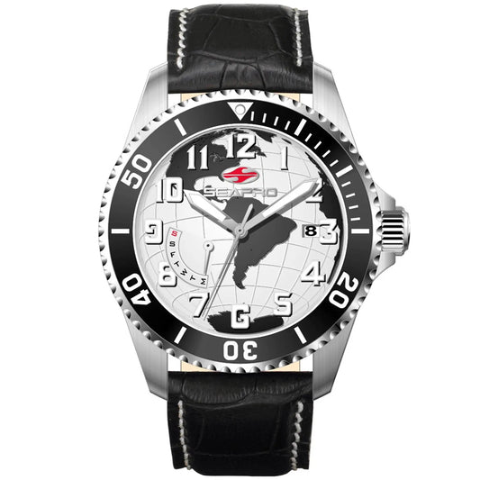 Seapro Voyager men's watch with stainless steel case, black leather strap, world map dial on Tampa Home & Garden Store