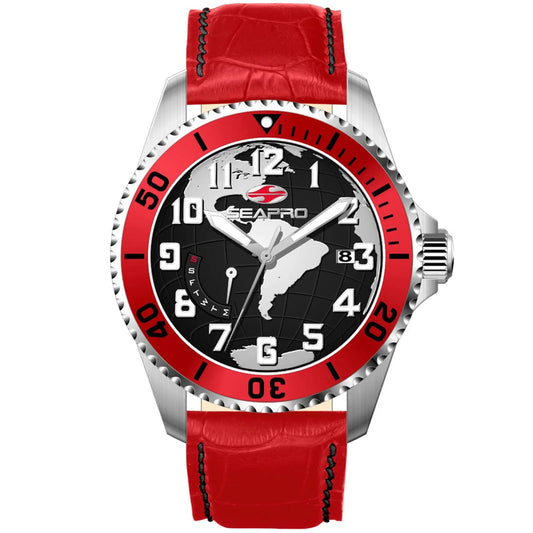 Seapro Voyager men's watch with red bezel, red leather strap, black map dial on Tampa Home & Garden Store