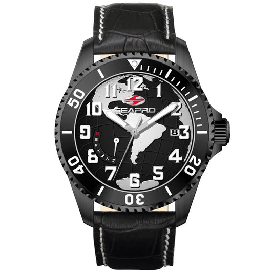Seapro Voyager men's watch with a black leather strap and world map dial on Tampa Home & Garden Store