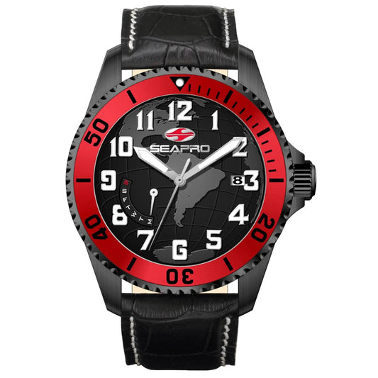 Seapro Voyager men's watch with black leather strap and red bezel featuring world map dial on Tampa Home & Garden Store