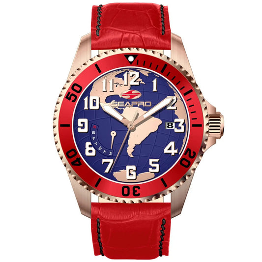 Seapro Voyager men's watch red leather strap, gold-tone case, blue world-map dial on Tampa Home & Garden Store