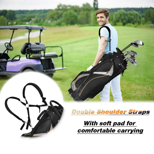 DirectDeals 9 Inch Golf Stand Bag with divider pockets, black with orange trim and double straps on Tampa Home & Garden Store