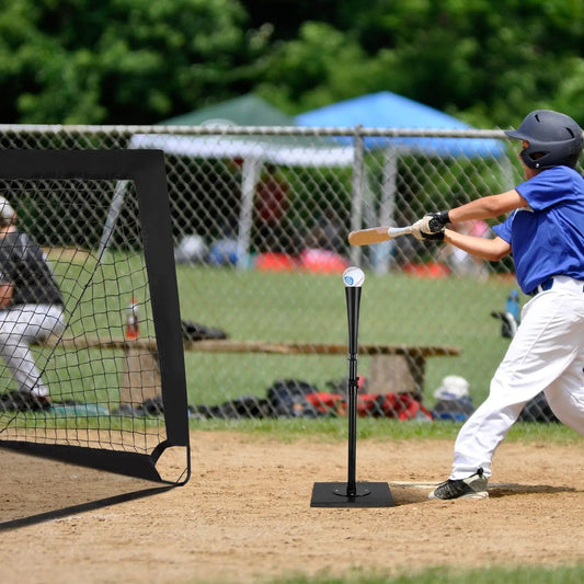 36 inch adjustable heavy-duty baseball batting tee with ball on top during practice on Tampa Home & Garden Store