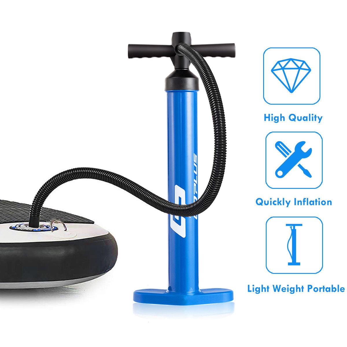 Double Action SUP hand pump with gauge blue DirectDeals with flexible hose for quick inflation on Tampa Home & Garden Store