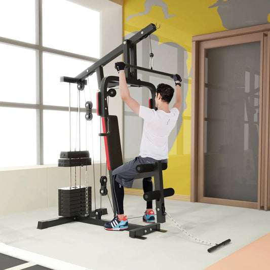 Multifunction Cross Trainer and Workout Machine by DirectDeals, black steel frame with red padding and pulleys on Tampa Home & Garden Store