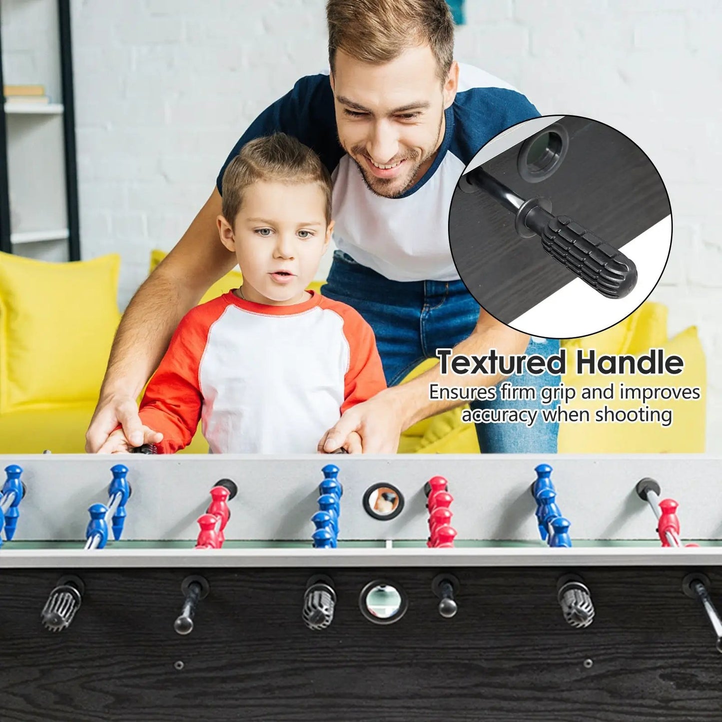 48-inch wooden foosball table with textured handles and dark wood finish, man and child playing on Tampa Home & Garden Store
