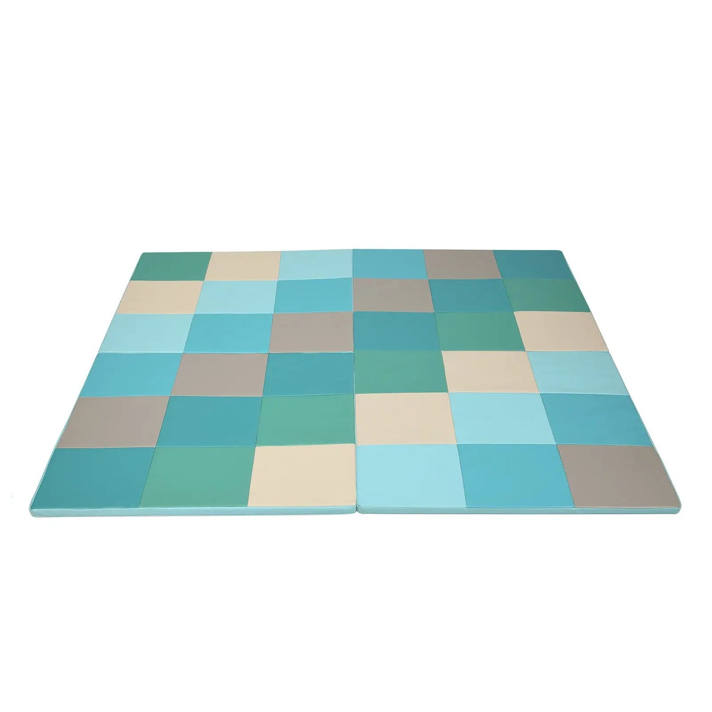58 Inch Baby Folding Activity Floor Mat DirectDeals patchwork teal blue beige gray squares on Tampa Home & Garden Store
