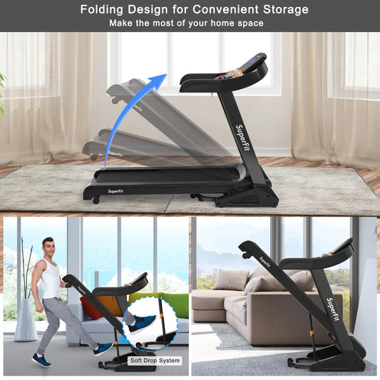 SuperFit 3.75HP electric folding treadmill with incline, compact black frame on Tampa Home & Garden Store