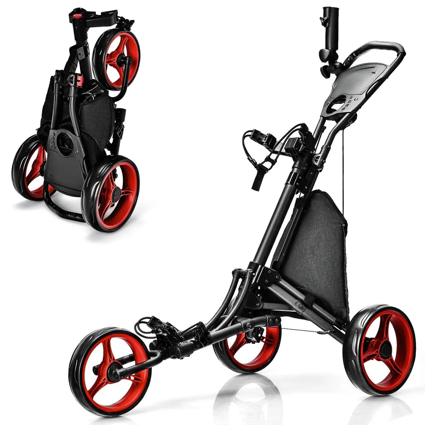 DirectDeals folding 3-wheel golf push cart with red wheels and adjustable handle scoreboard on Tampa Home & Garden Store