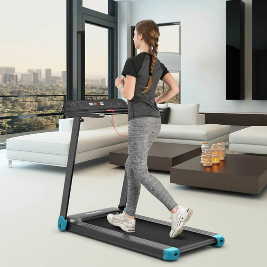 DirectDeals folding electric treadmill with app control in black and blue, compact home cardio equipment on Tampa Home & Garden Store