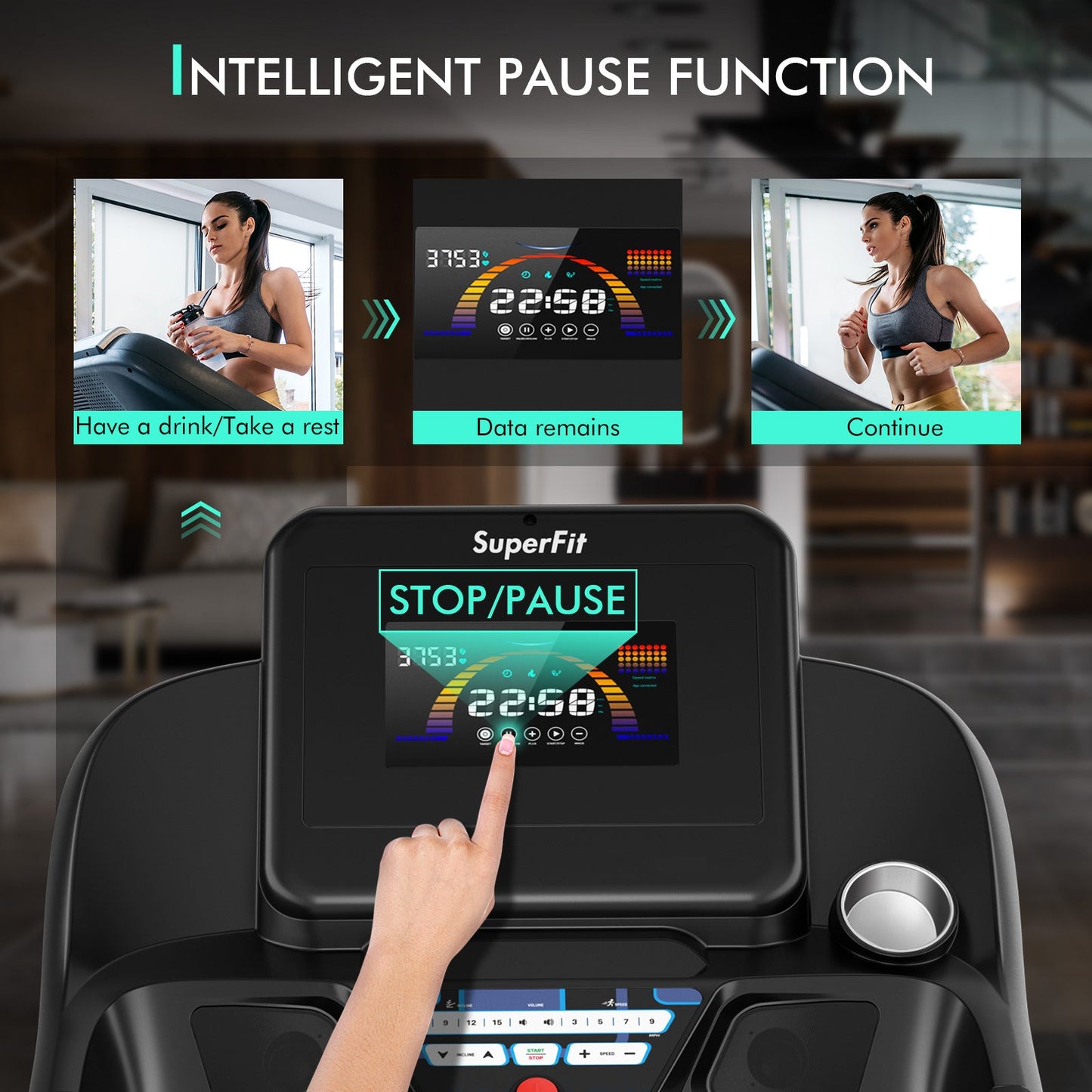 4.75 HP Treadmill with App and Auto Incline, black console with SuperFit display on Tampa Home & Garden Store