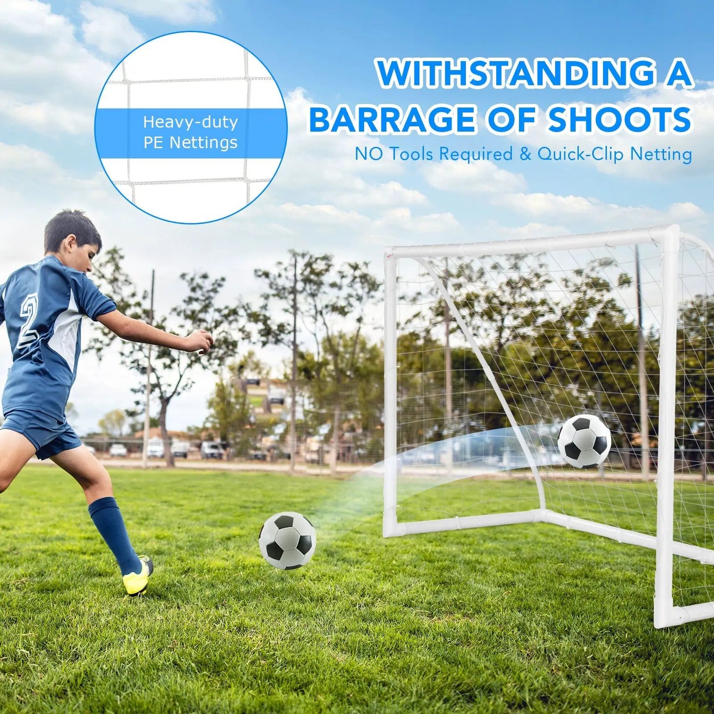 6 x 4 ft soccer goal by DirectDeals with white UPVC frame and heavy-duty PE netting on grass on Tampa Home & Garden Store