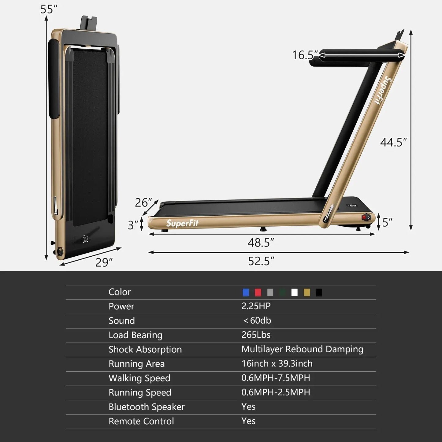 2.25HP 2-in-1 folding treadmill SuperFit with gold frame and black belt, app remote on Tampa Home & Garden Store