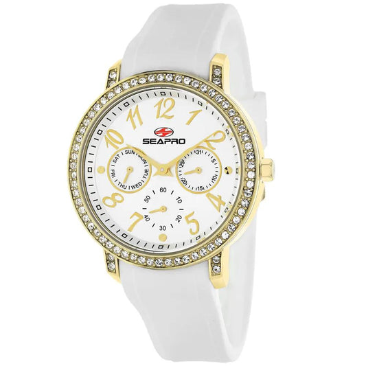 Seapro Women's Swell watch with gold-tone crystal bezel, white dial, white strap, and 3 subdials on Tampa Home & Garden Store