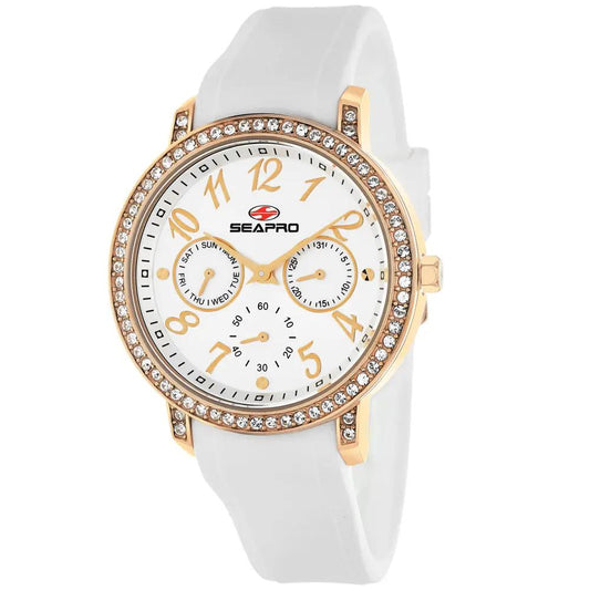 Seapro Swell Women's Silicone Strap Watch, rose-gold bezel with crystals, white dial on Tampa Home & Garden Store