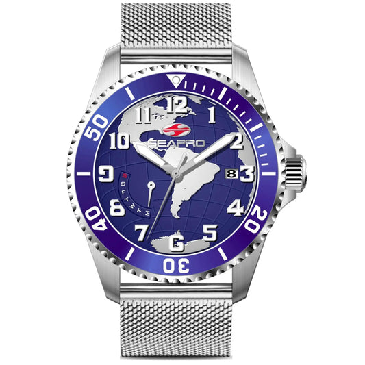 Seapro Voyager Men's Watch with stainless steel case, blue world map dial, mesh steel band on Tampa Home & Garden Store