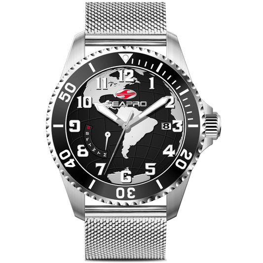 Seapro Voyager Stainless Steel Watch 200m black dial world map mesh bracelet on Tampa Home & Garden Store