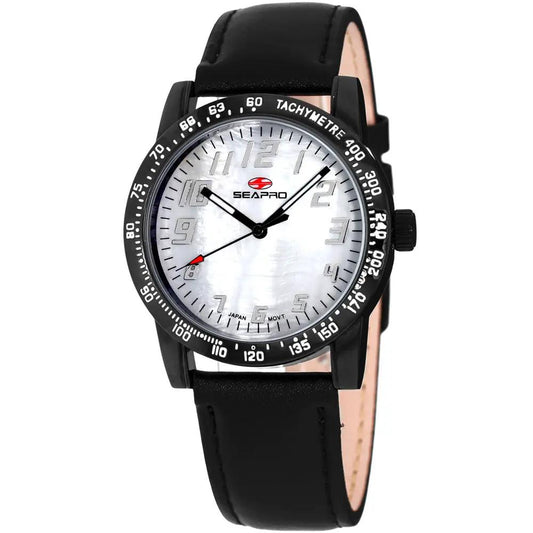 Seapro Womens Bold watch with black leather strap, silver dial, tachymeter bezel on Tampa Home & Garden Store