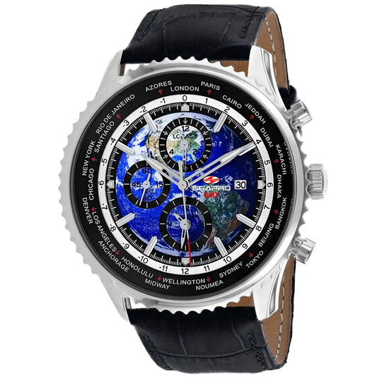Seapro Meridian World Timer GMT Watch with blue world map dial, black bezel, leather strap on Tampa Home & Garden Store