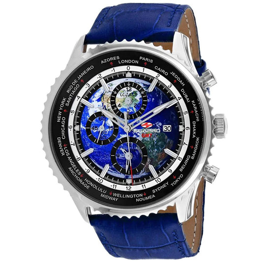 Seapro Meridian World Timer GMT watch with blue leather strap and globe dial on Tampa Home & Garden Store